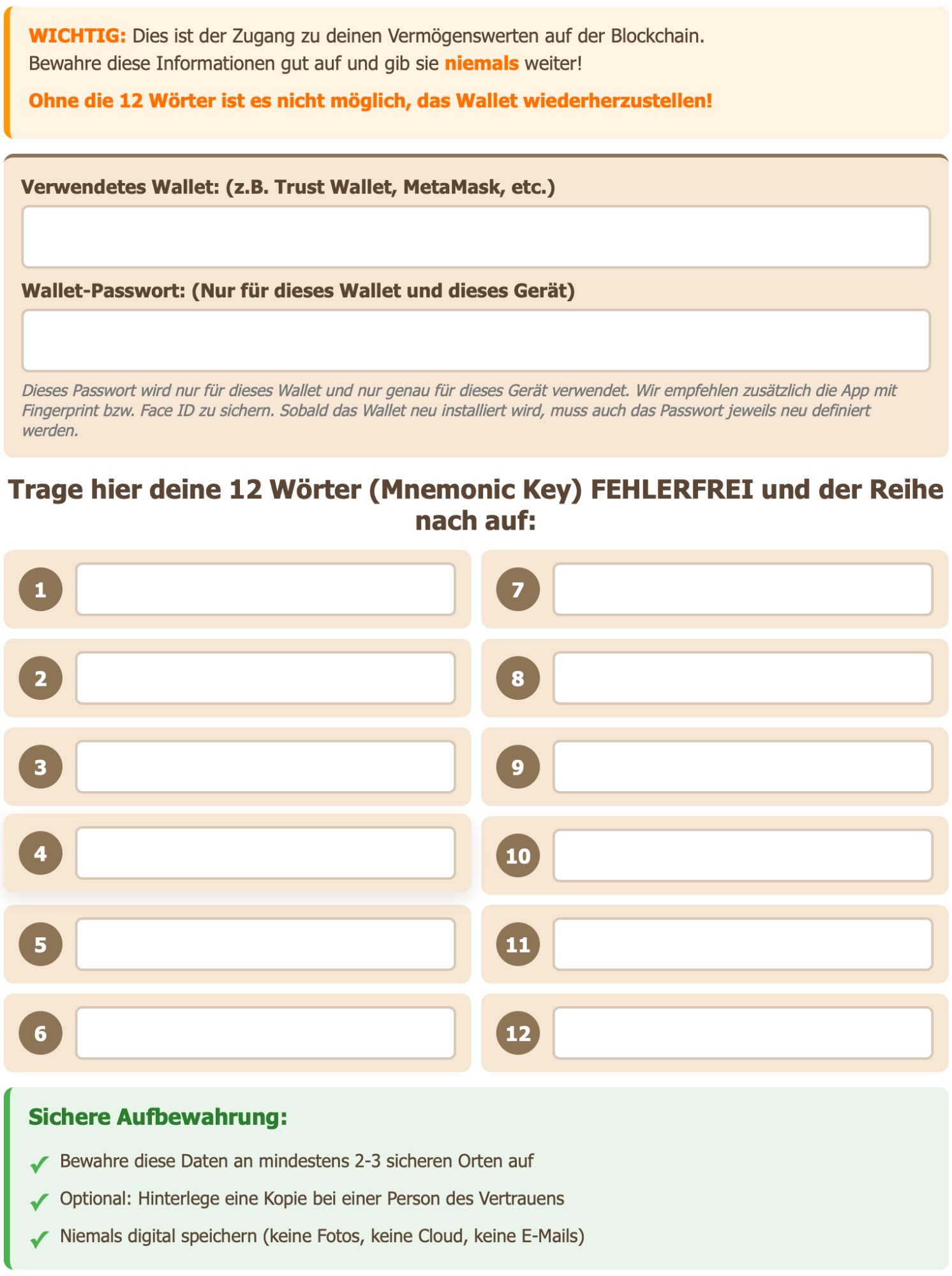 Datensicherungsblatt für Seedphrase